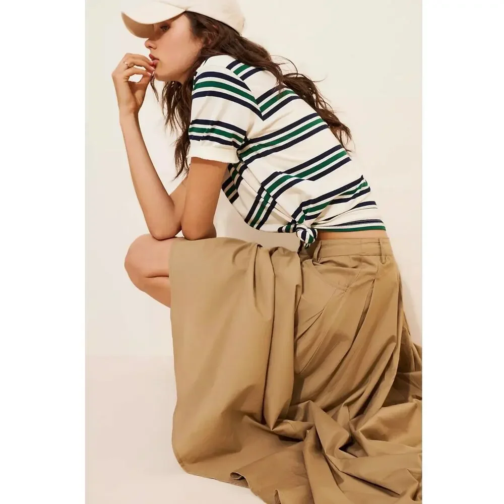 Free People All Around Midi Maxi Full Skirt Olive Tan Khaki Size Large Neutral